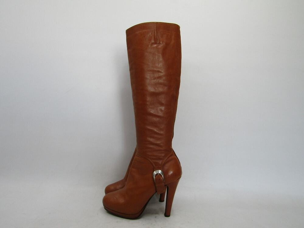 Michel Perry Womens Size 37 EUR Brown Leather Zip Platform Heeled 16" Shaf Boots